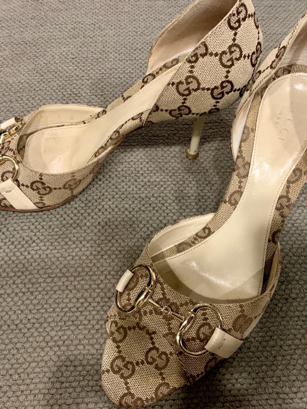 Gucci Beige GG Canvas Horsebit Open/Toe Pumps - Vintage - Picture 7 of 7